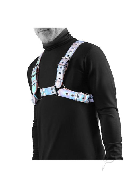 Cosmo Harness Rogue Chest Harness Small/Medium Rainbow worn over a black top, showcasing a stylish design.