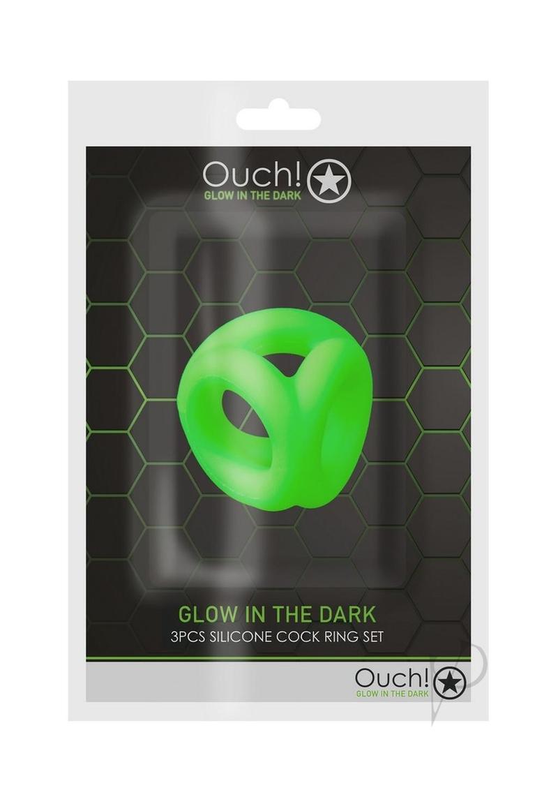 Ouch Cock Ring and Ball Strap Silicone Glow in the Dark packaging, showcasing green silicone cock ring set.