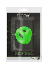 Ouch Cock Ring and Ball Strap Silicone Glow in the Dark packaging, showcasing green silicone cock ring set.