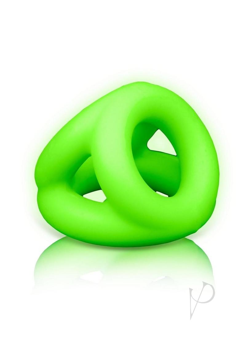 Ouch Cock Ring and Ball Strap Silicone Glow in the Dark accessory in fluorescent green silicone.