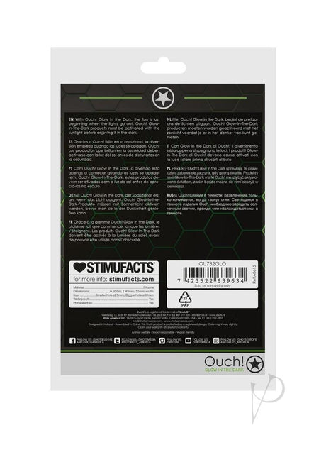 Ouch Cock Ring and Ball Strap Silicone Glow in the Dark packaging features multilingual instructions.
