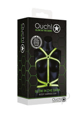 Ouch Body Harness Glow in the Dark Small Medium Green packaging displayed with glowing accents.