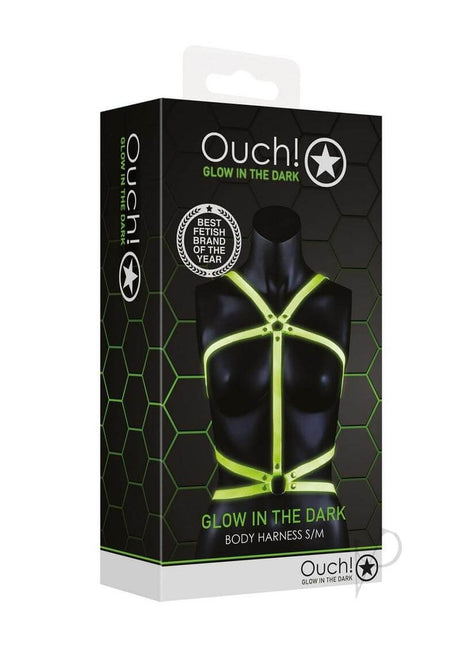 Ouch Body Harness Glow in the Dark Small Medium Green packaging displayed with glowing accents.
