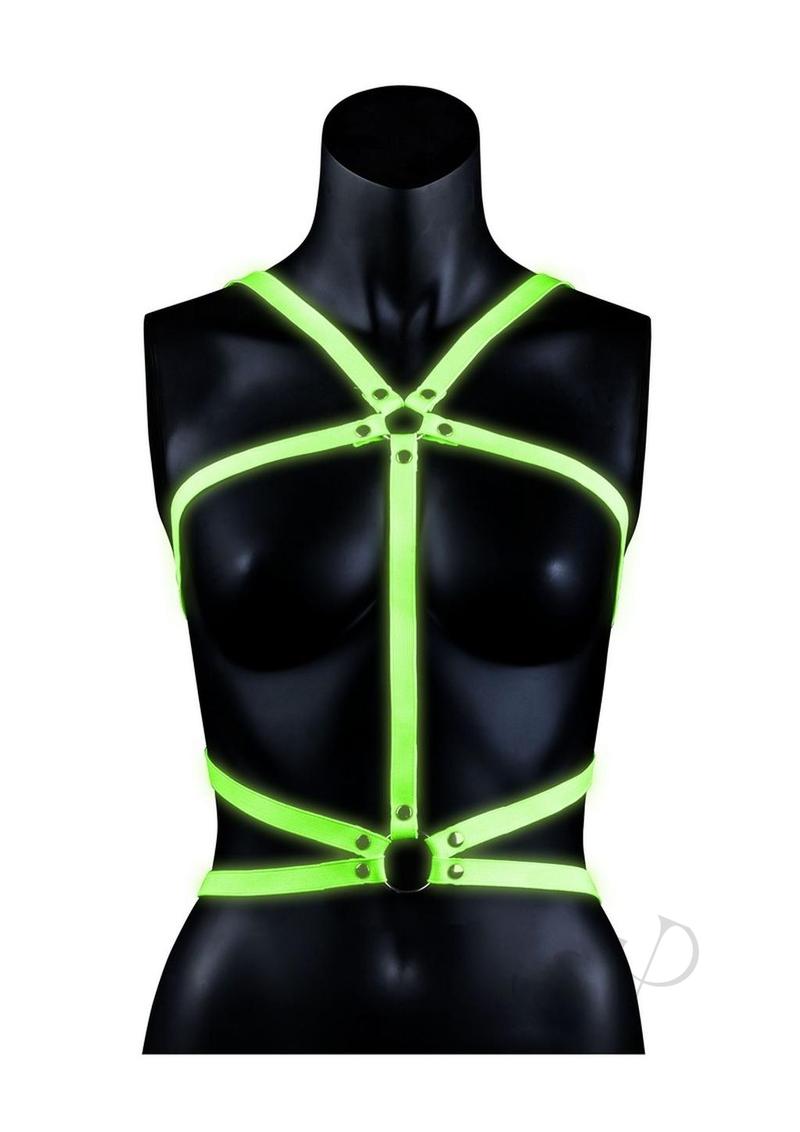 Ouch Body Harness Glow in the Dark Small Medium Green displayed on a mannequin showcasing its fluorescent strap design.