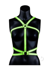 Ouch Body Harness Glow in the Dark Small Medium Green displayed on a mannequin showcasing its fluorescent strap design.