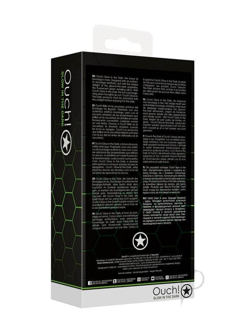 Ouch Body Harness Glow in the Dark Small Medium Green packaging featuring description and details on the back.