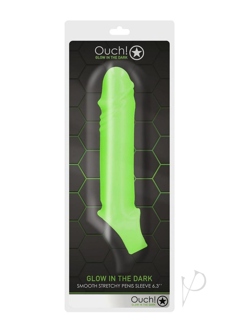 Ouch Smooth Stretchy Penis Sleeve Glow in the Dark Green packaging displaying a fluorescent green sleeve.