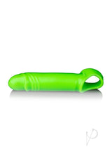 Ouch Smooth Stretchy Penis Sleeve Glow in the Dark Green on a white background, showcasing its fluorescent green design.