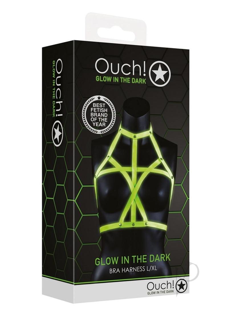 Ouch Bra Harness Glow in the Dark Large XLarge Green packaging featuring fluorescent glow design.