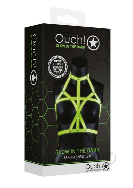 Ouch Bra Harness Glow in the Dark Large XLarge Green packaging featuring fluorescent glow design.
