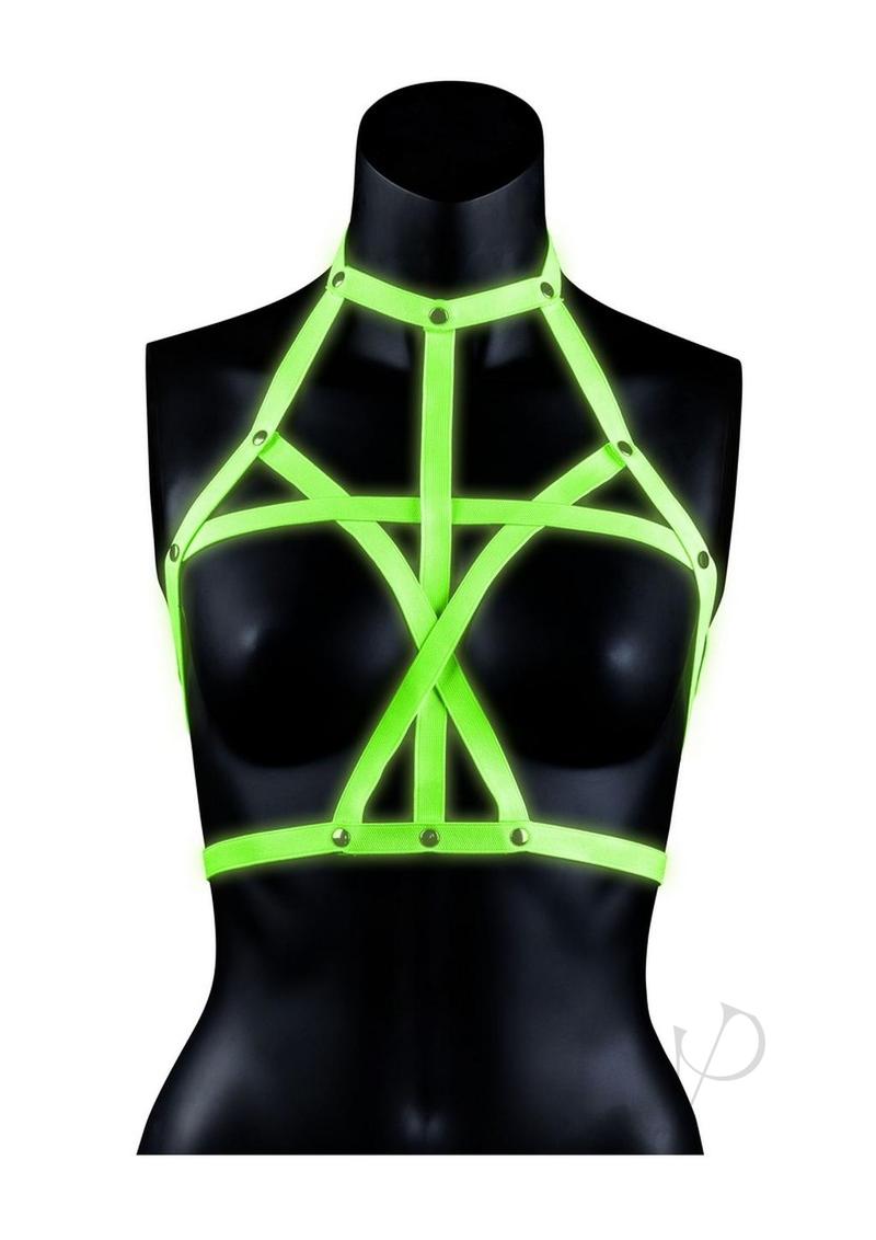 Ouch Bra Harness Glow in the Dark Large XLarge Green showcased on a black mannequin.