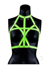 Ouch Bra Harness Glow in the Dark Large XLarge Green showcased on a black mannequin.