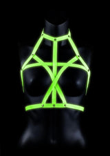 Ouch Bra Harness Glow in the Dark Large XLarge Green displayed on a mannequin with a sleek design.