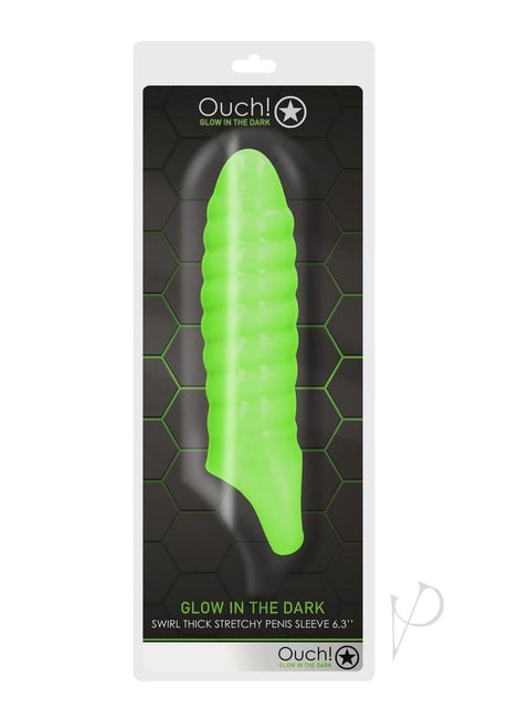 Ouch Swirl Thick Penis Sleeve Glow in the Dark Green packaged product with glowing green detail.