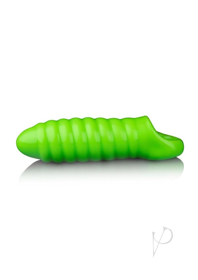 Ouch Swirl Thick Penis Sleeve Glow in the Dark Green shown in vibrant fluorescent green.
