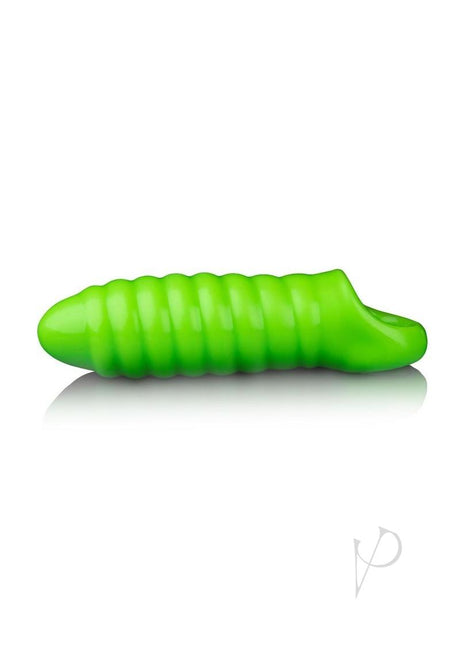 Ouch Swirl Thick Penis Sleeve Glow in the Dark Green shown in vibrant fluorescent green.