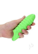 Ouch Swirl Thick Penis Sleeve Glow in the Dark Green held in hand, showcasing its glowing design and thick texture.