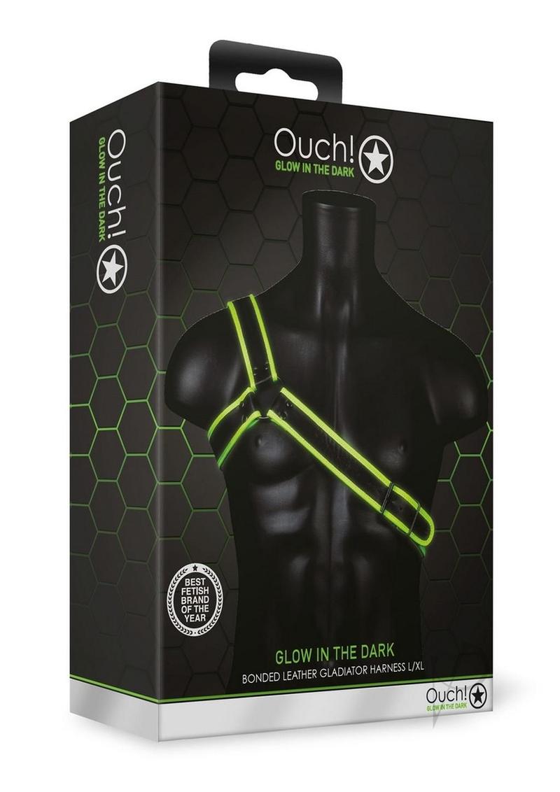Ouch Gladiator Harness Glow in the Dark Large XLarge Green packaging displayed on a mannequin.