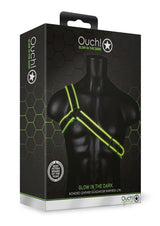 Ouch Gladiator Harness Glow in the Dark Large XLarge Green packaging displayed on a mannequin.