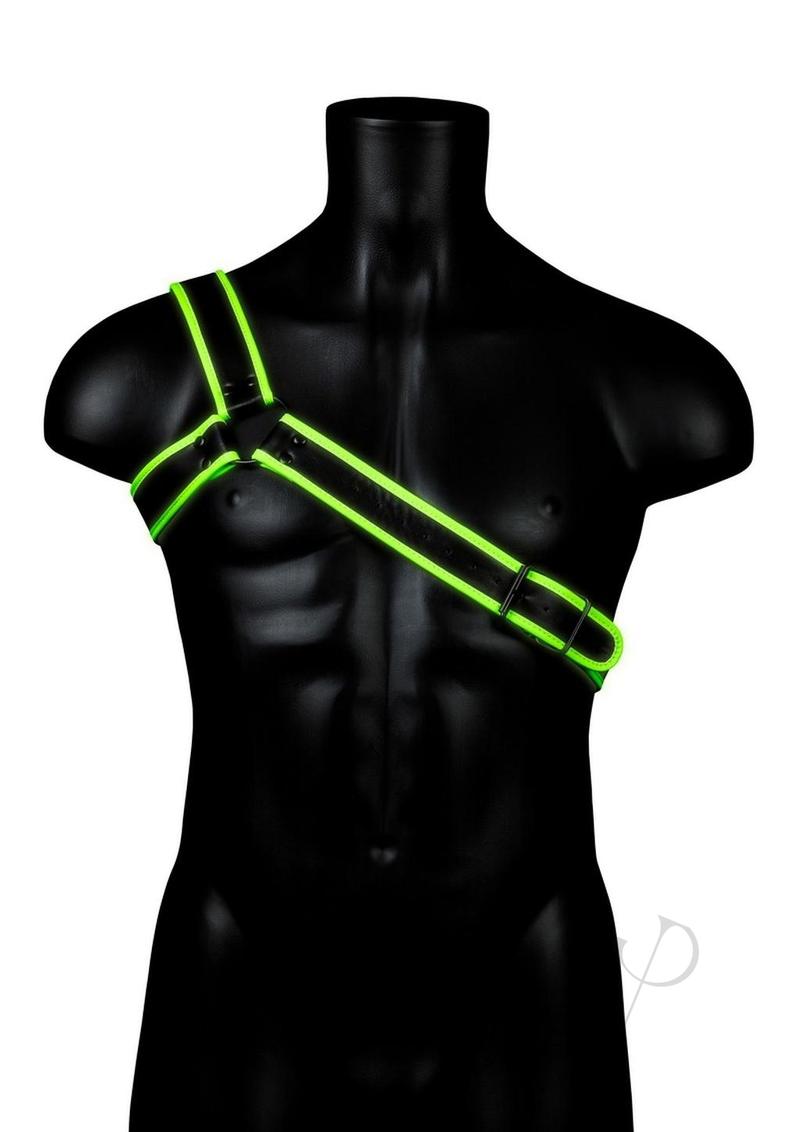Ouch Gladiator Harness Glow in the Dark Large XLarge Green worn on a mannequin showcasing bold fluorescent design.