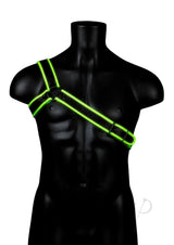 Ouch Gladiator Harness Glow in the Dark Large XLarge Green worn on a mannequin showcasing bold fluorescent design.