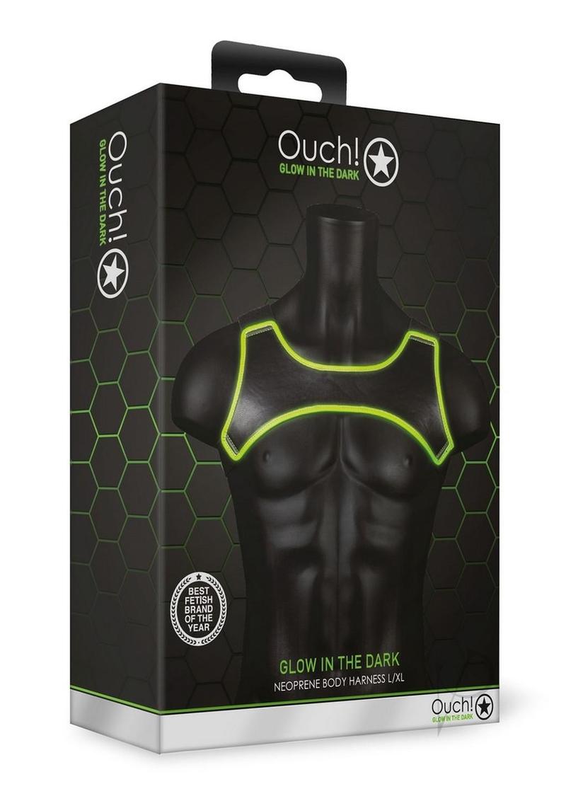 Ouch Neoprene Harness Glow in the Dark Large XLarge Green packaging displayed on a mannequin torso with glow detailing.