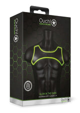 Ouch Neoprene Harness Glow in the Dark Large XLarge Green packaging displayed on a mannequin torso with glow detailing.