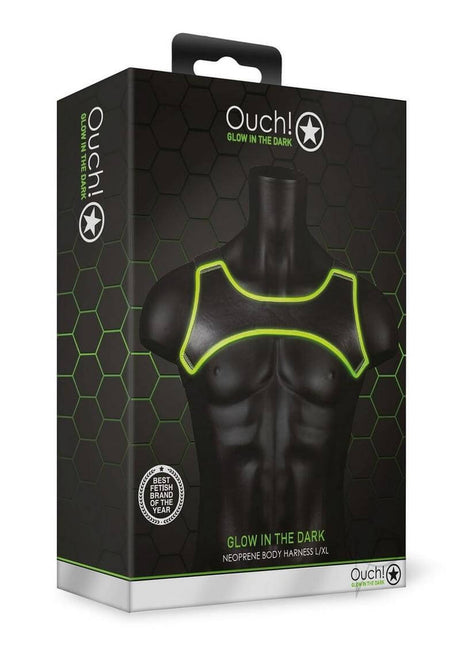 Ouch Neoprene Harness Glow in the Dark Large XLarge Green packaging displayed on a mannequin torso with glow detailing.