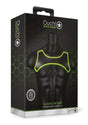 Ouch Neoprene Harness Glow in the Dark Large XLarge Green packaging displayed on a mannequin torso with glow detailing.