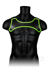 Ouch Neoprene Harness Glow in the Dark Large XLarge Green displayed on a mannequin with neon green detailing.