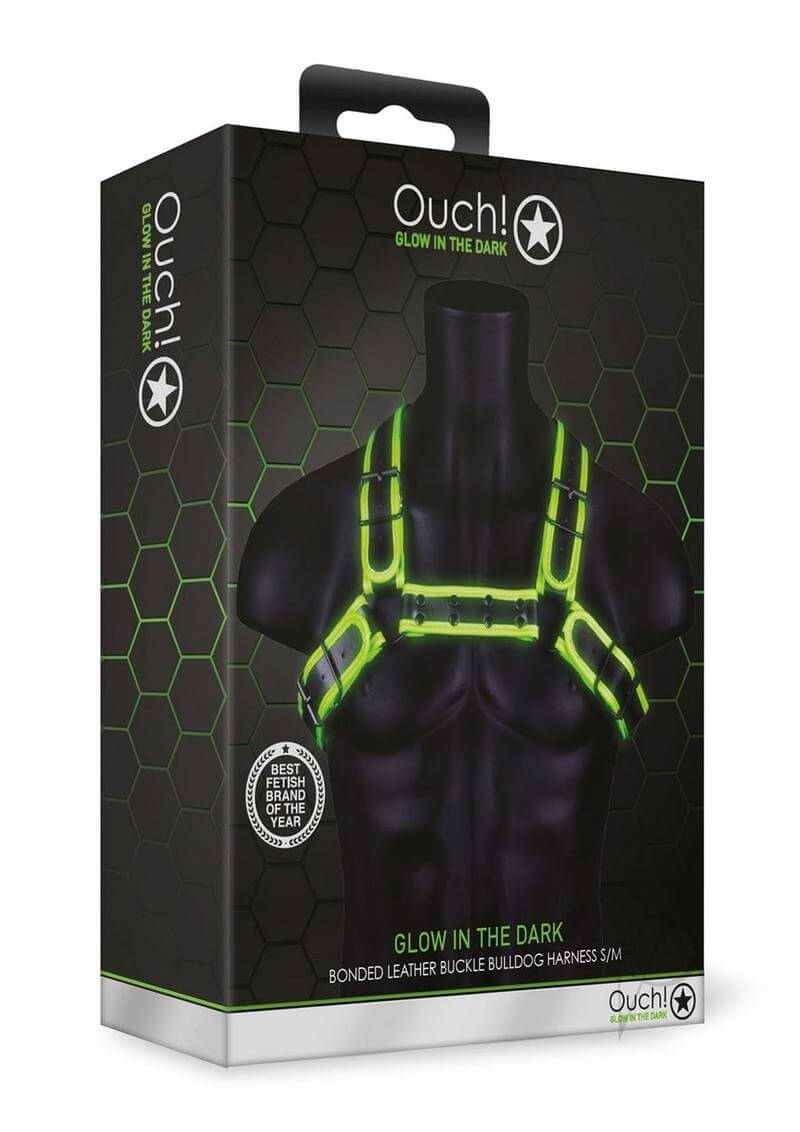 Ouch Buckle Bulldog Harness Glow in the Dark Small Medium packaging with glowing green details on a mannequin.