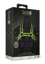 Ouch Buckle Bulldog Harness Glow in the Dark Small Medium packaging with glowing green details on a mannequin.