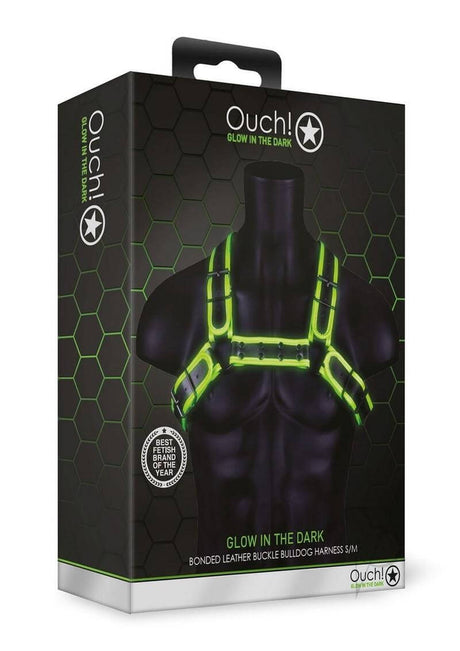 Ouch Buckle Bulldog Harness Glow in the Dark Small Medium packaging with glowing green details on a mannequin.
