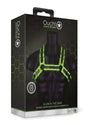 Ouch Buckle Bulldog Harness Glow in the Dark Small Medium packaging with glowing green details on a mannequin.