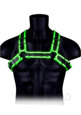 Ouch Buckle Bulldog Harness Glow in the Dark Small Medium on a mannequin, showcasing its glowing green accents.