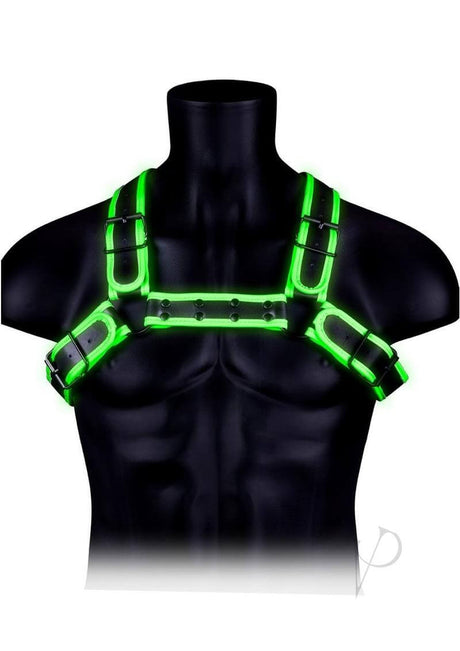 Ouch Buckle Bulldog Harness Glow in the Dark Small Medium on a mannequin, showcasing its glowing green accents.