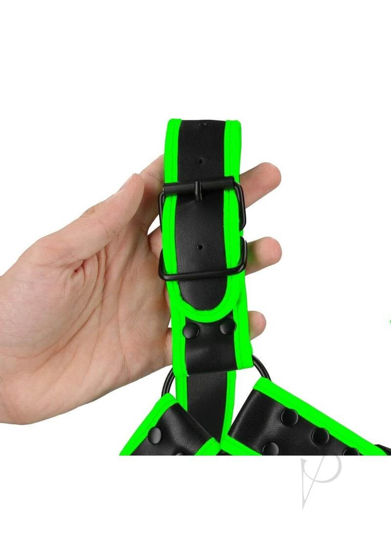 Ouch Buckle Bulldog Harness Glow in the Dark Small Medium buckle detail with fluorescent green and black design.
