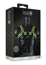 Ouch Buckle Harness Glow in the Dark Large XLarge Green packaging with fluorescent details on black background.