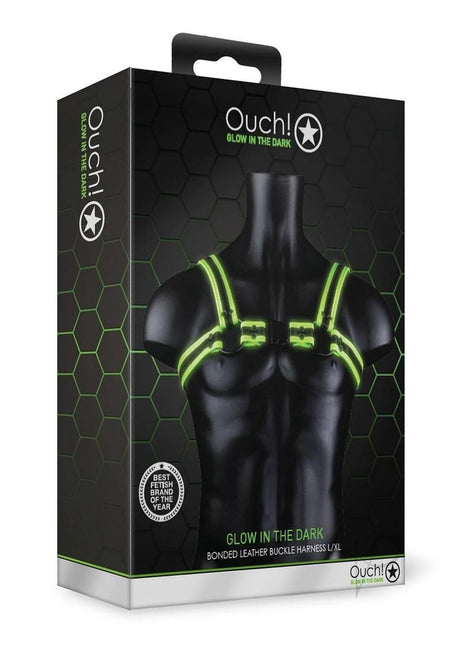 Ouch Buckle Harness Glow in the Dark Large XLarge Green packaging with fluorescent details on black background.