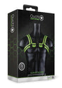 Ouch Buckle Harness Glow in the Dark Large XLarge Green packaging with fluorescent details on black background.