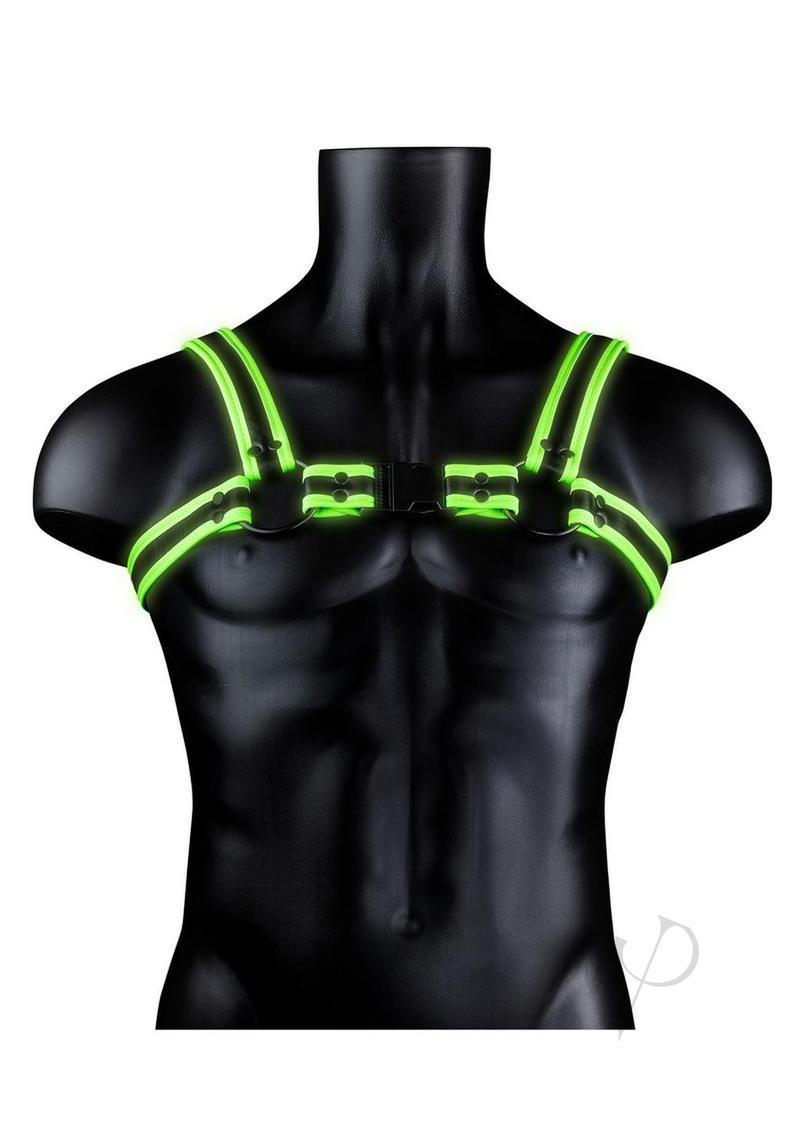 Ouch Buckle Harness Glow in the Dark Large XLarge Green displayed on a mannequin, featuring fluorescent green straps.