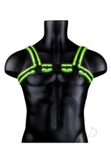 Ouch Buckle Harness Glow in the Dark Large XLarge Green displayed on a mannequin, featuring fluorescent green straps.