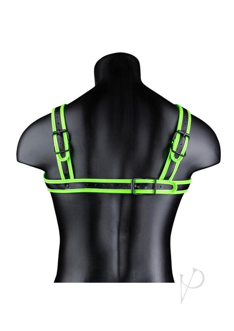 Ouch Buckle Harness Glow in the Dark Large XLarge Green displayed from the back on a mannequin.