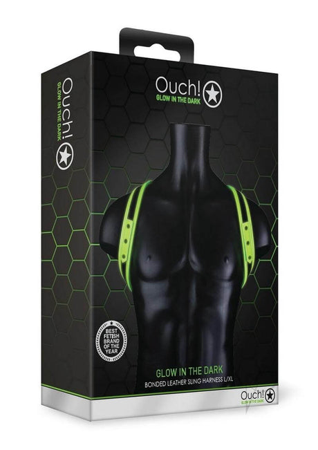 Ouch Sling Harness Glow in the Dark Large XLarge Green packaging showcasing fluorescent detailing on a mannequin.
