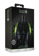Ouch Sling Harness Glow in the Dark Small Medium Green packaging showing bonded leather design and fluorescent details.