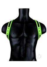 Ouch Sling Harness Glow in the Dark Small Medium Green displayed on a mannequin torso with fluorescent green straps.