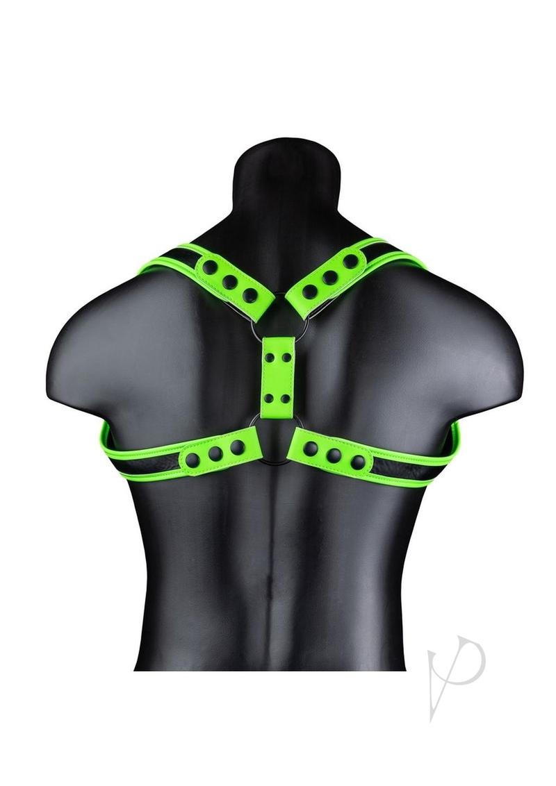 Ouch Sling Harness Glow in the Dark Small Medium Green displayed on a mannequin's back, featuring fluorescent green straps.