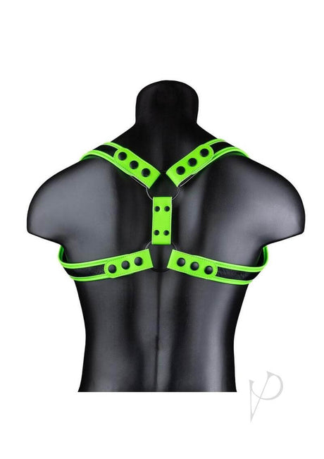 Ouch Sling Harness Glow in the Dark Small Medium Green displayed on a mannequin's back, featuring fluorescent green straps.