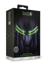 Ouch Buckle Jock Strap Metal Glow in the Dark Green packaging, featuring a playful luminous design and glowing accents.