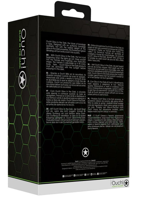 Ouch Buckle Jock Strap Metal Glow in the Dark Green packaging featuring glow-in-the-dark properties and bondage aesthetic.